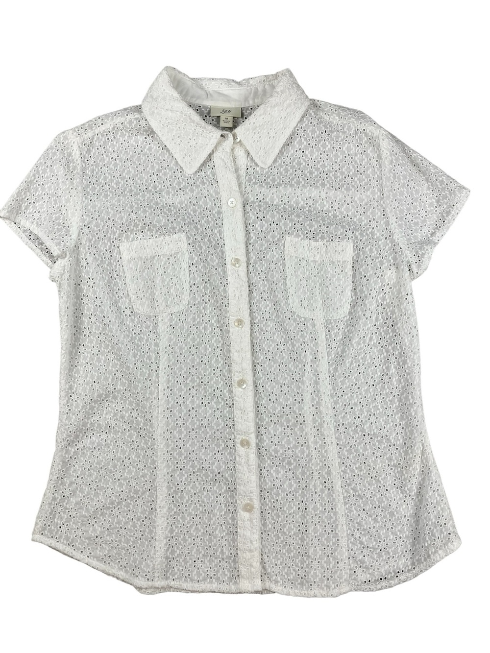 J. Jill Blouse White Eyelet Button Up Short Sleeve Women's Medium 100% Cotton